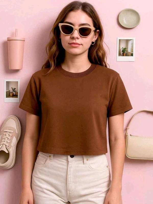 Real Essentials Ladies French Terry Navy Crop Top 3C1 - Brown, M, Crop Top
