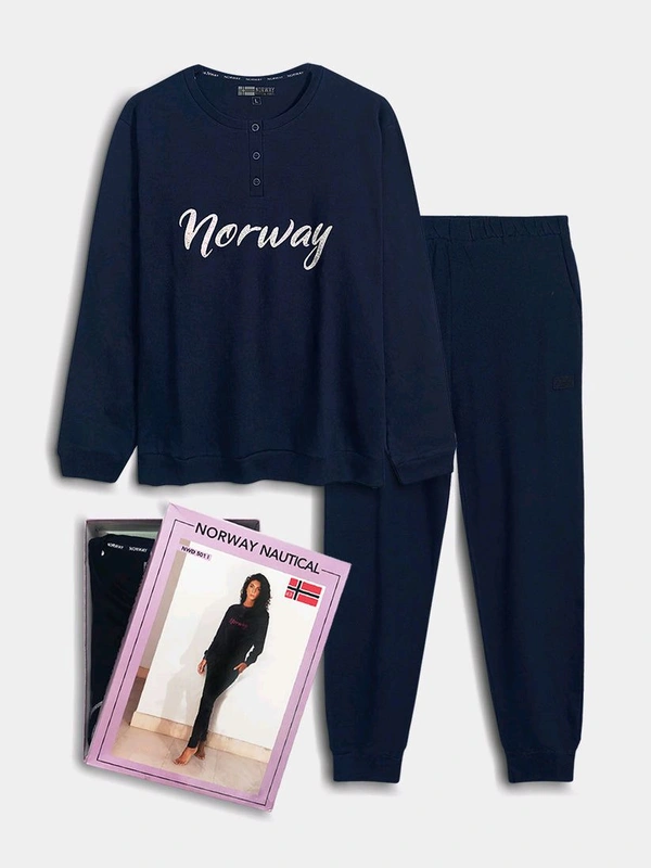 Norway Nautical Ladies Interlock Winter Pyjama Set 4A1 - Navy Blue, S
