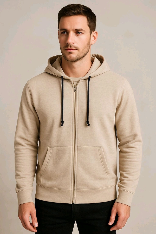 Attidude Mens Hooded Full Zipper Beige Sweatshirt  - Beige, XXL