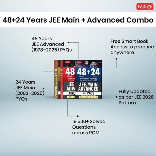 MTG MATHEMATICS, PHYSICS, CHEMISTRY 48 + 24 Years JEE Main (2025-2002) and JEE Advanced (2025-1978) Chapter-wise Topic-wise Previous Years Solved Question Papers Book – JEE PYQ Question Bank For 2026 Exam [Set of 3 Books]