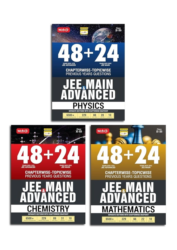 MTG MATHEMATICS, PHYSICS, CHEMISTRY 48 + 24 Years JEE Main (2025-2002) and JEE Advanced (2025-1978) Chapter-wise Topic-wise Previous Years Solved Question Papers Book – JEE PYQ Question Bank For 2026 Exam [Set of 3 Books]