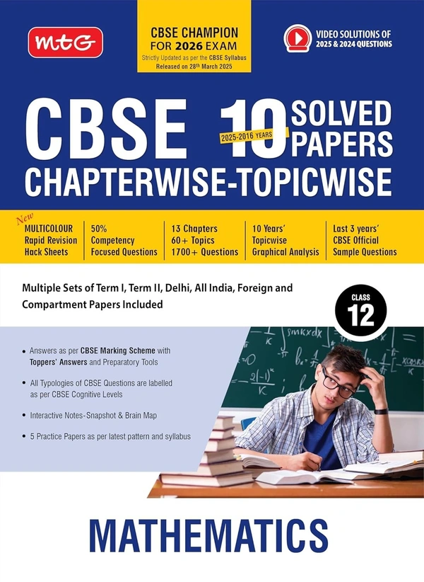 MTG MATHEMATICS - (2025 - 2016) PYQs Chapterwise Topicwise Solved Papers | Free Video Solution of PYQs | CBSE Sample Papers (As Per Latest Pattern) - Class 12 [For 2026 Exams] - MTG  Editorial Board, English, Paperback