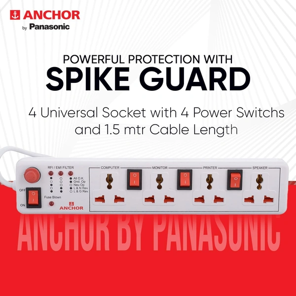 Anchor Spike Guard 4 Socket , 4 Switch, 1.5 Mtr Wire - 22568