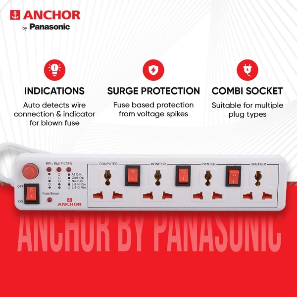 Anchor Spike Guard 4 Socket , 4 Switch, 1.5 Mtr Wire - 22568
