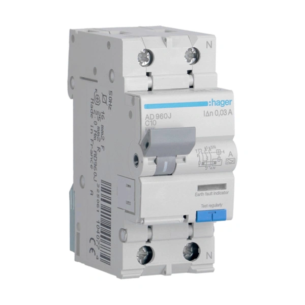 Hager 25A DP 30mA RCBO 2Moduler AD975Y Hager - 25A 30mA - AD975Y