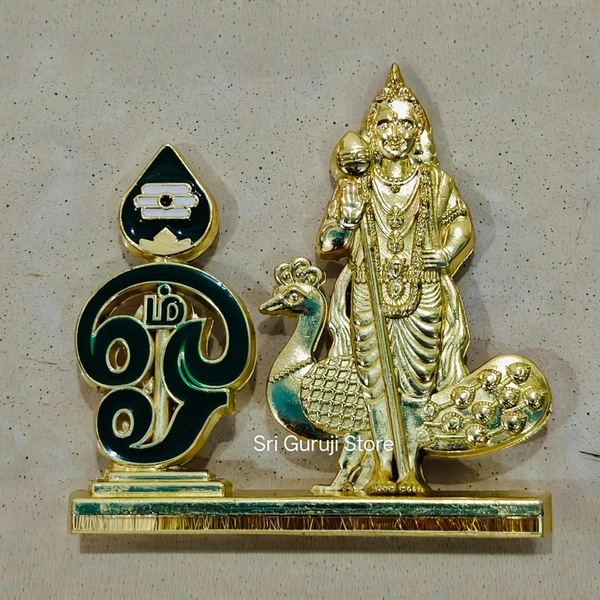 Lord Kartikeya Idol and Om for Car Dashboard, Metal, 1 Piece (Gold Colour) 2.5 inch -
