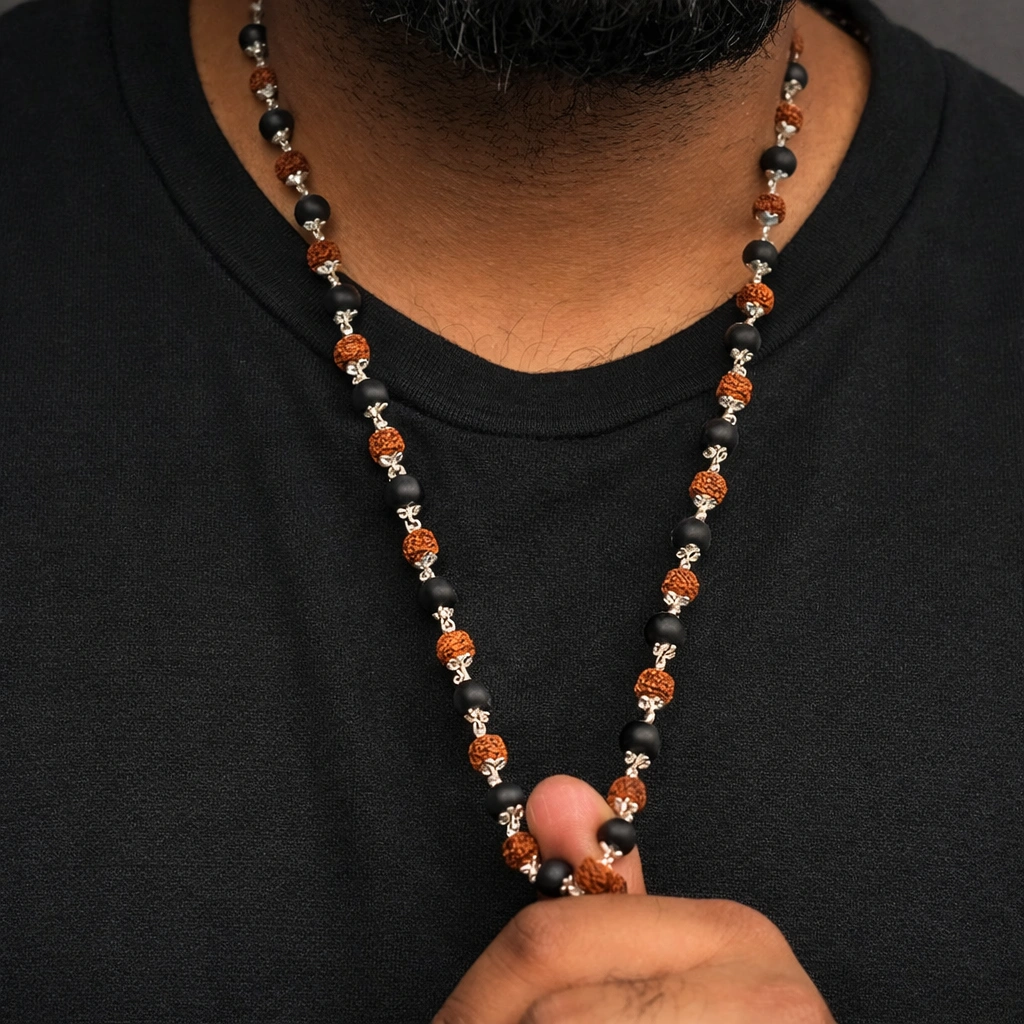Karungalai 8mm Rudraksha Mala (5 Mukhi) with German Silver Handcrafted