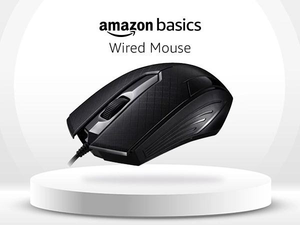 Amazon basics Wired Mouse I 3 Buttons I Up to 1600 DPI I 1.35m Cable I Black
