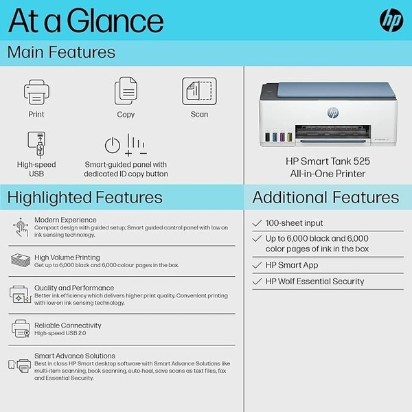 HP Smart Tank 525 All-in-one Colour Printer (Upto 6000 Black and 6000 Colour Pages Included in The Box). - Print, Scan & Copy for Office/Home - White