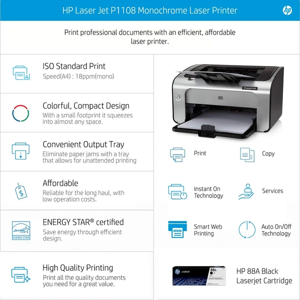HP Laserjet P1108 PLUS Single Function Monochrome Laser Printer - 13.7 x 93.7 x 7.7, Black