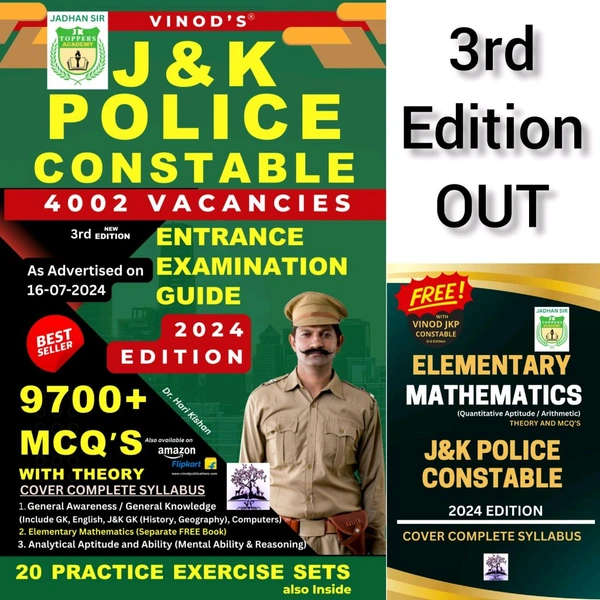 J&K POLICE CONSTABLE (4002 Vacancies) Entrance Examination Guide (9700+ MCQ's with THEORY) 2024 Edition ; COVER COMPLETE SYLLABUS (Also 20 PRACTICE EXERCISE SETS) 3rd Edition - Vinod Publications - Dr. Hari Kishan, JK Topper Academy (Jadhan Sir)