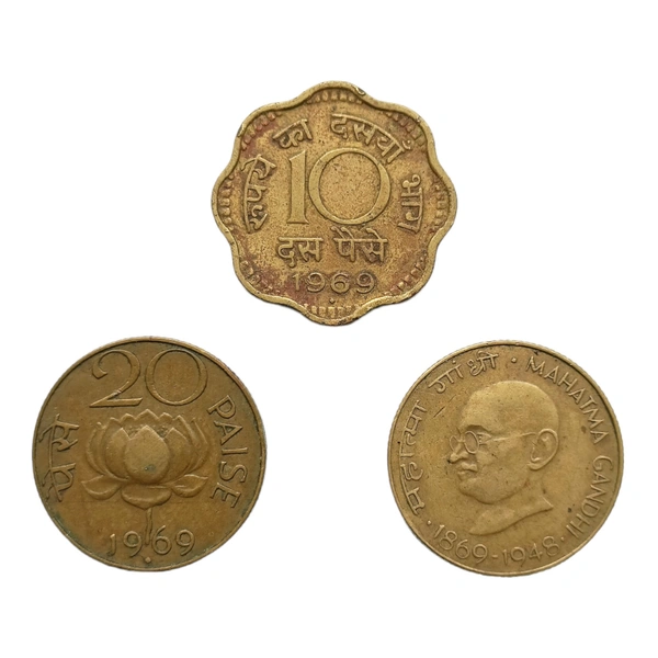 3 Different Aluminium Bronze Coins Set of 10 Paise, 20 Paise & Mahatma Gandhi 20 Paise