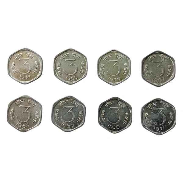 1964 To 1971 - 3 Paise UNC lot - 8 Year Wise Coins