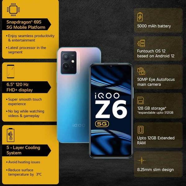 iQOO Z6 5G (Chromatic Blue, 6GB RAM, 128GB Storage) | Snapdragon 695-6nm Processor | 120Hz FHD+ Display | 5000mAh Battery - Portage