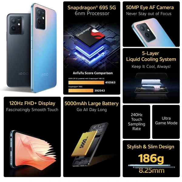 iQOO Z6 5G (Chromatic Blue, 6GB RAM, 128GB Storage) | Snapdragon 695-6nm Processor | 120Hz FHD+ Display | 5000mAh Battery - Portage