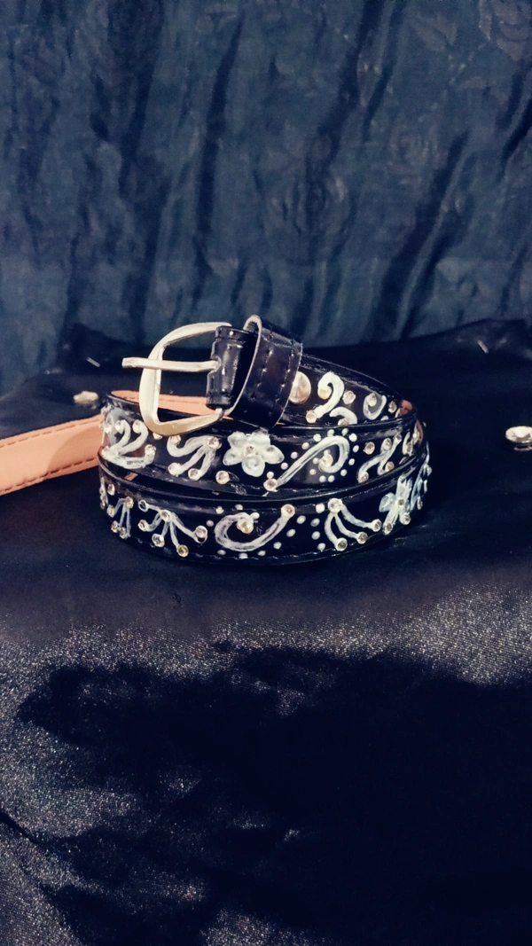 SPK Luxury Statement Silver Liquid Embroidered Vintage belt - Black, Waist : 38"-40" Width- 0.75", Silver Liquid Embroidery