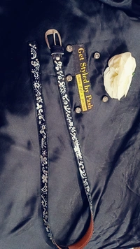 SPK Luxury Statement Silver Liquid Embroidered Vintage belt - Black, Waist : 38"-40" Width- 0.75", Silver Liquid Embroidery