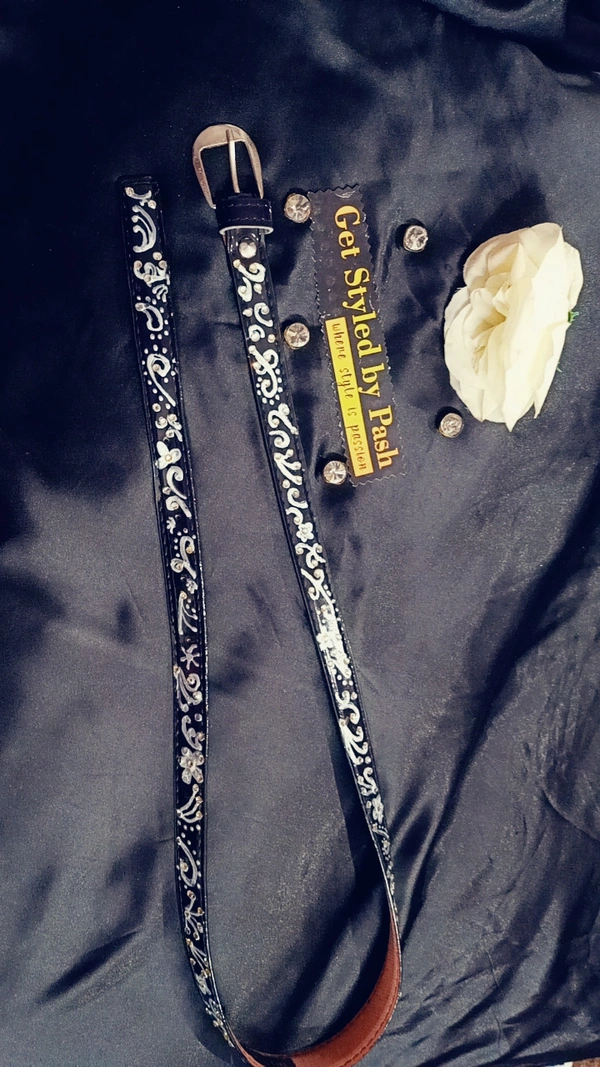 SPK Luxury Statement Silver Liquid Embroidered Vintage belt - Black, Waist : 38"-40" Width- 0.75", Silver Liquid Embroidery