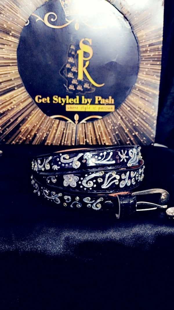 SPK Luxury Statement Silver Liquid Embroidered Vintage belt - Black, Waist : 38"-40" Width- 0.75", Silver Liquid Embroidery