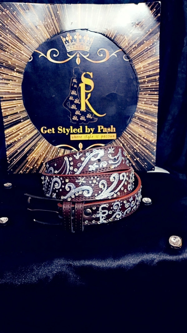 Brown Silver liquid embroidered Antique luxury Belt - Nutmeg Wood Finish, Waist - 38"- 40" width- 1.25", Get Free Scrunchie gift!