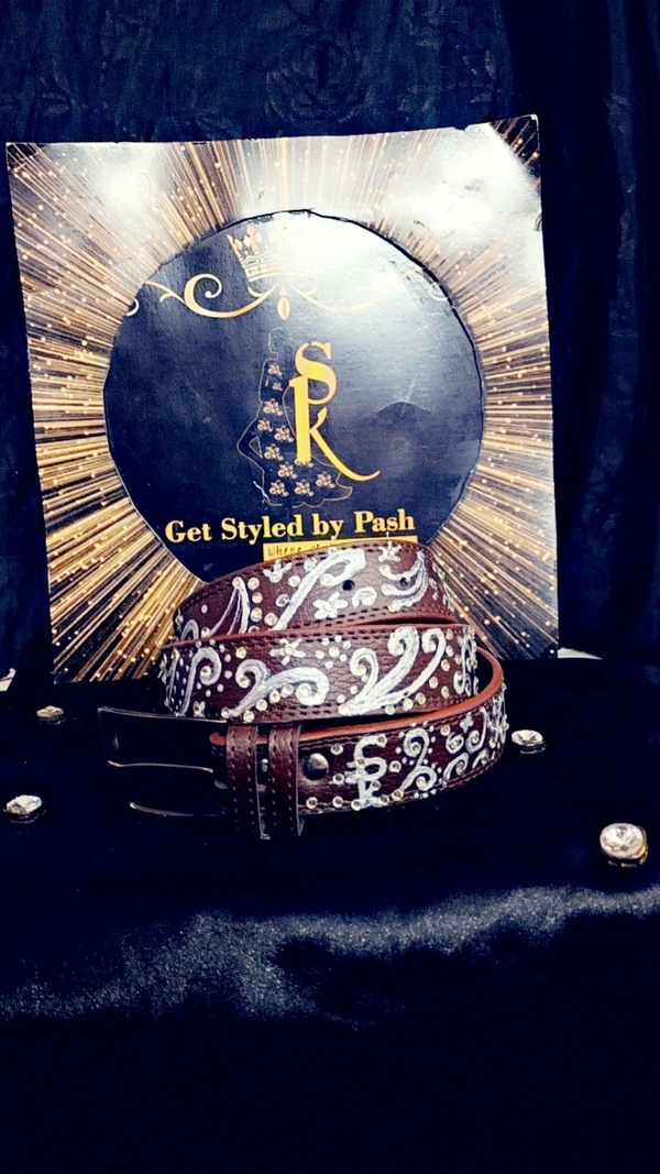 Brown Silver liquid embroidered Antique luxury Belt - Nutmeg Wood Finish, Waist - 38"- 40" width- 1.25", Get Free Scrunchie gift!