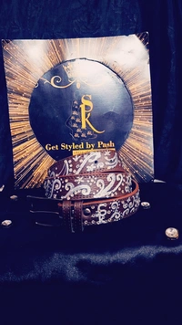 Brown Silver liquid embroidered Antique luxury Belt - Nutmeg Wood Finish, Waist - 38"- 40" width- 1.25", Get Free Scrunchie gift!