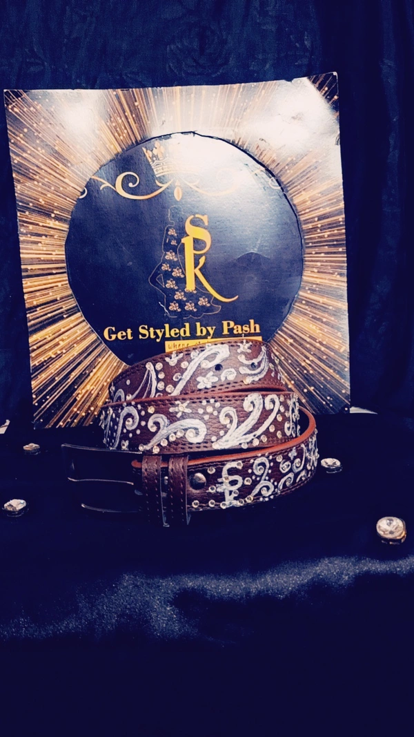 Brown Silver liquid embroidered Antique luxury Belt - Nutmeg Wood Finish, Waist - 38"- 40" width- 1.25", Get Free Scrunchie gift!