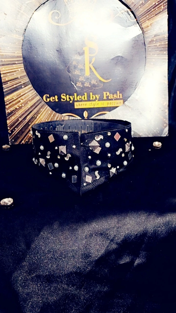 Black Silver disc embellished Glamour Fashion Luxury Collar - No Wash Or Dry Clean, Black, Get Free Luxury Scrunchie Gift!