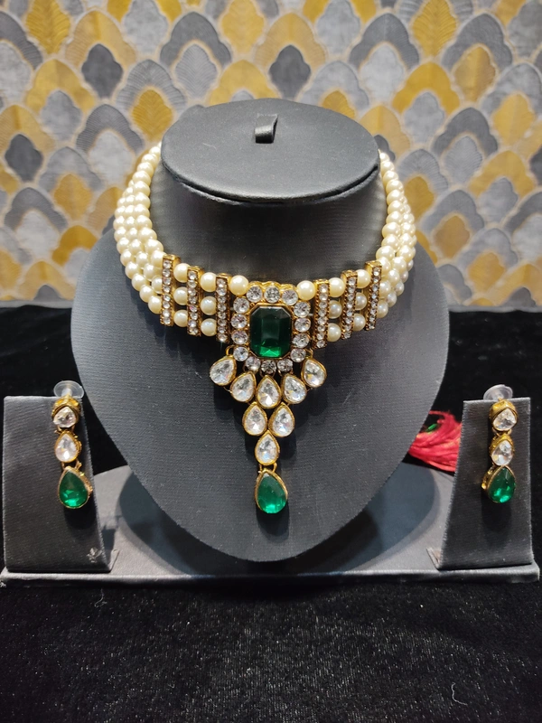 3 Line Moti Mala Kundan Necklace Set - free, Shipping Cost Extra