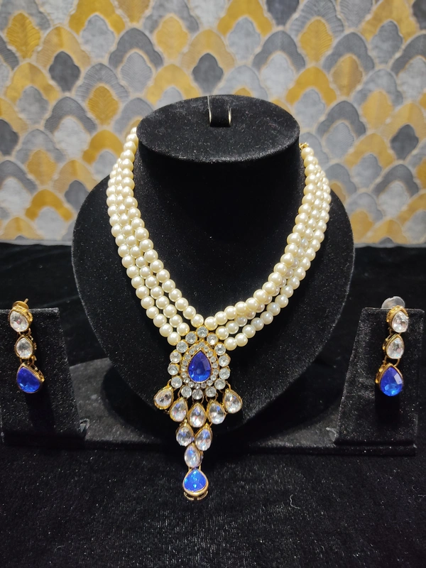 3 Line Moti Mala Kundan Necklace Set - Shipping Cost Extra