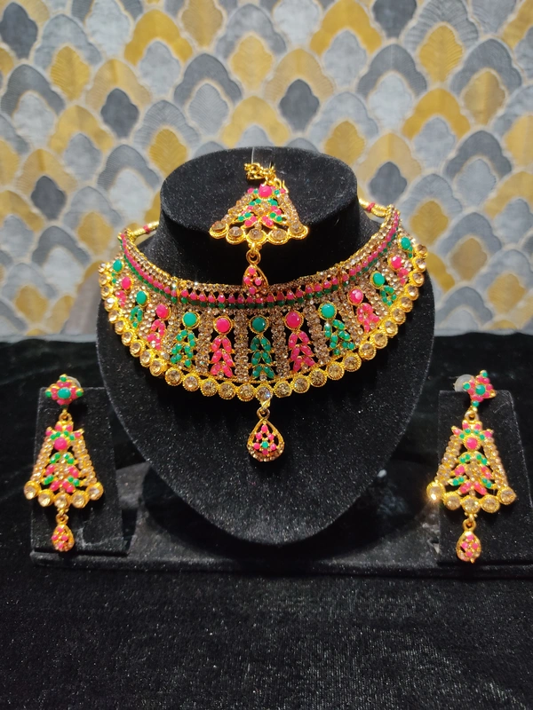 BEAUTIFUL KEMP STONE GOLD CHOKER NECKLACE SET - Shipping Cost Extra