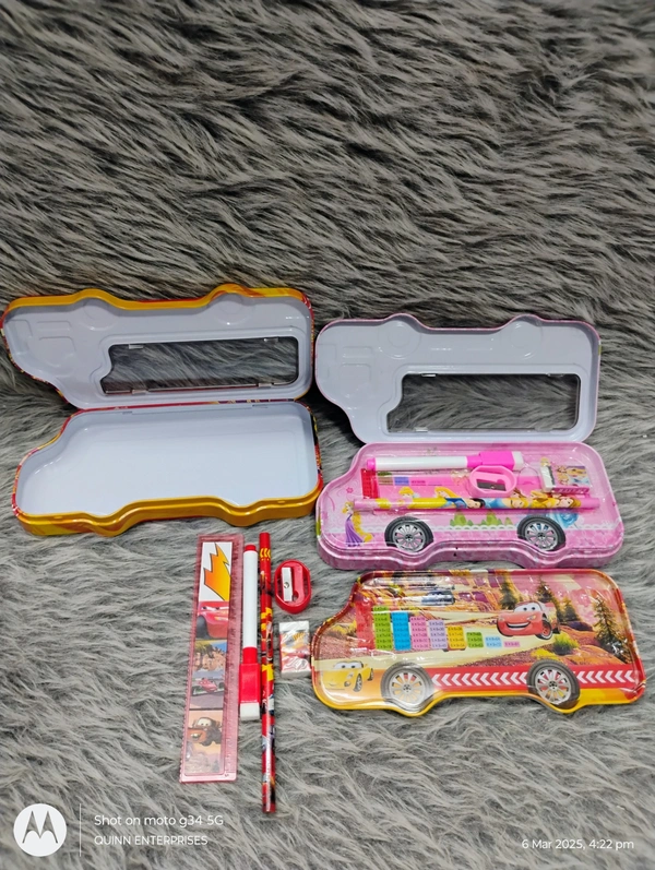 Printed Bus Shaped Double Storage Metal Pencil Box for School Kids Girls Students Birthday Gifts