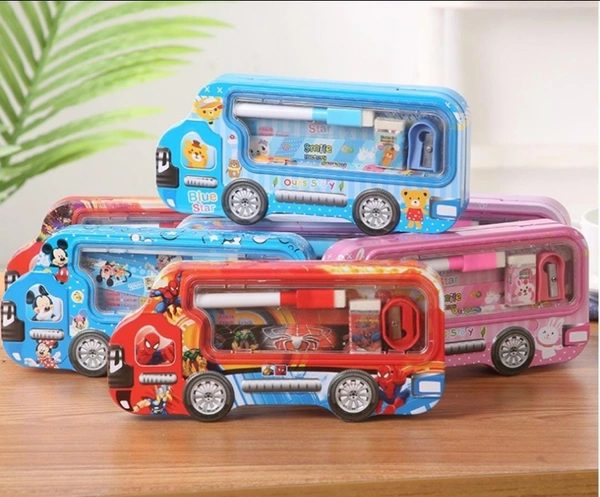 Printed Bus Shaped Double Storage Metal Pencil Box for School Kids Girls Students Birthday Gifts