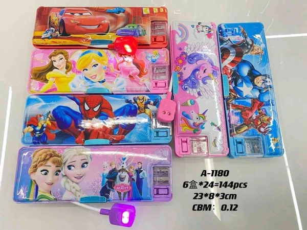 Plastic Multipurpose Magnetic Pencil Box With Led Lamp Light & 2 Side Compartment For Girls & Boys For School Birthday Gift Big Size Cartoon Printed Stylish Pen Case For Kids 