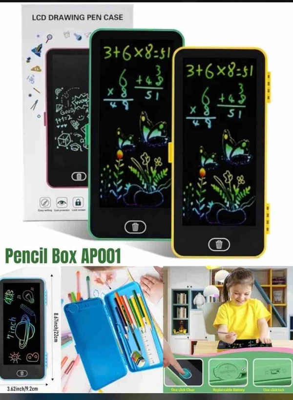 2in1 Pencil Case Geometry Box with LCD Tablet Graphic LCD Writing Tablet with Pencil Box Geometry Box Magic Pencil Case with LCD Board Tablet Birthday Gift Return Gift for Kids 