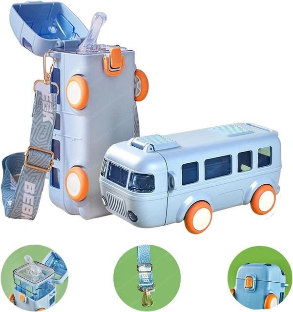 Bus Shaped Water Bottle With Moving Wheels, 480 Ml Leak-Proof Water Bottle For Kids, Water Bottle With Strap & Sipper For Kids, Sipper Water Bottle For Kids