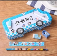 Printed Bus Shaped Double Storage Metal Pencil Box for School Kids Girls Students Birthday Gifts