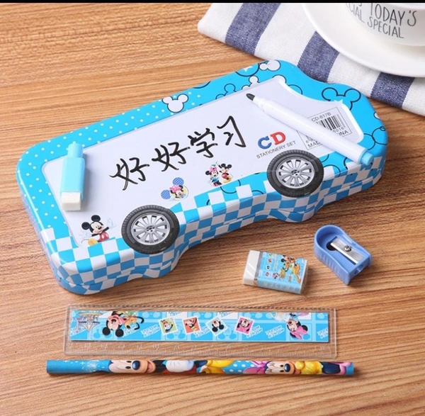 Printed Bus Shaped Double Storage Metal Pencil Box for School Kids Girls Students Birthday Gifts