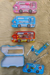 Printed Bus Shaped Double Storage Metal Pencil Box for School Kids Girls Students Birthday Gifts