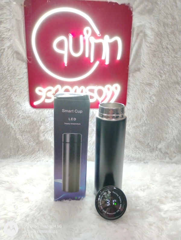 stainless Steel Water Bottle With Led Temperature Display, Double Wall Vacuum Insulated Water Bottle (Pure Black), 500 ML