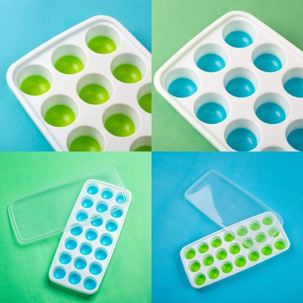 Pop Up Ice Cube Trays for Freezer with Lid | Easy Release Flexible Silicone Bottom | 21 Cavity Pop Up Ice Cube Trays | Round Ice Cubes Maker for Freezer/Cocktail 