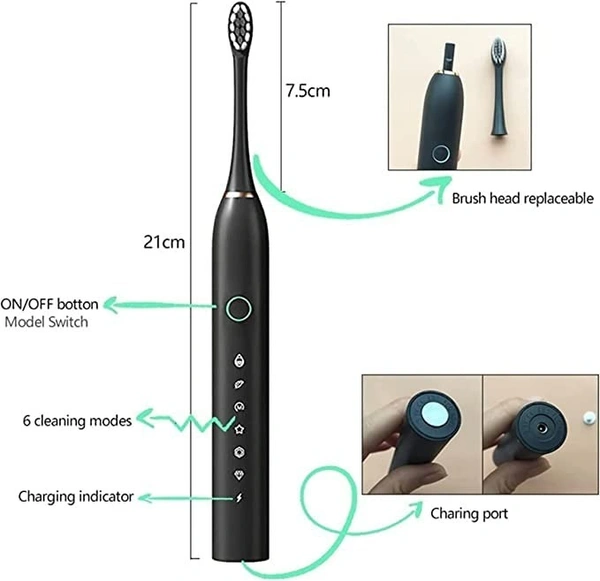 Sonic X3 electrical toothbrush for adults with 6 operating modes, with extra heads