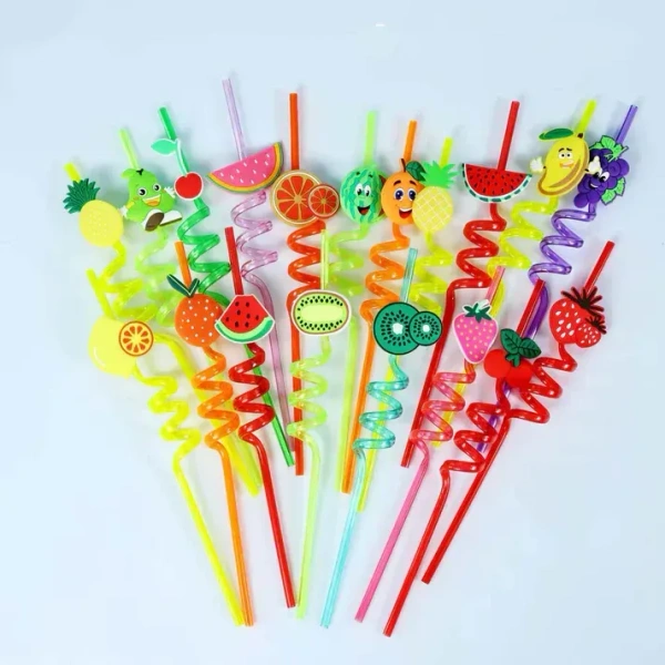 (Pack of 4) Curly Spiral Reusable Straws with Silicone Buckles, Smoothie Drinking Straws for Milkshakes Juice Drinks Plastic Straws for Kids, Birthday Party Decorations for Boys and Girls