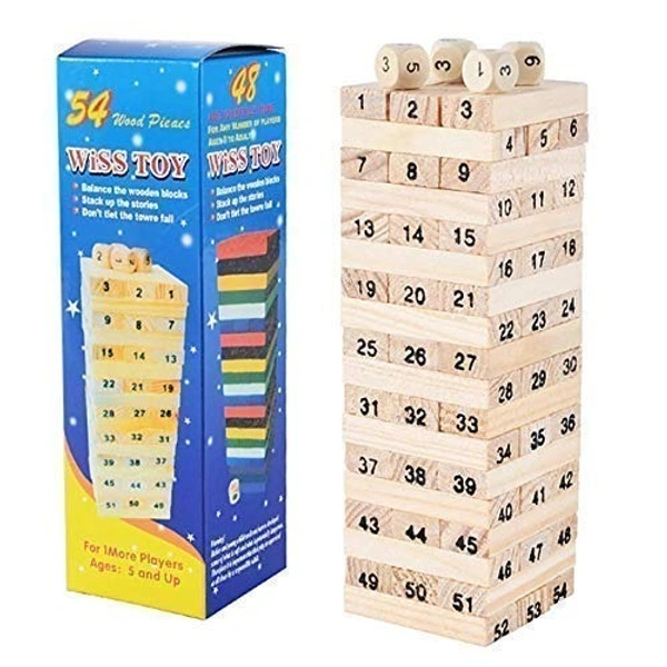 54 Pcs 4 Dice Challenging Wooden Blocks Tumbling Stacking Wooden Game for Adults and Kids Number Blocks, Wooden Tumbling Tower, Stacking and Balancing Block Toys 