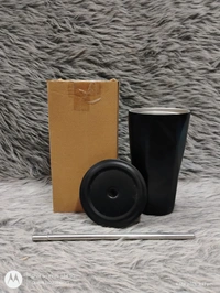 Stainless Steel Double Wall Hot and Cold Irregular Diamond Drinking Mug with Straw and Lid (Black, 500 ml)