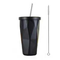 Stainless Steel Double Wall Hot and Cold Irregular Diamond Drinking Mug with Straw and Lid (Black, 500 ml)