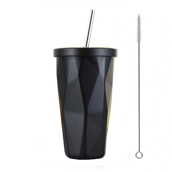 Stainless Steel Double Wall Hot and Cold Irregular Diamond Drinking Mug with Straw and Lid (Black, 500 ml)