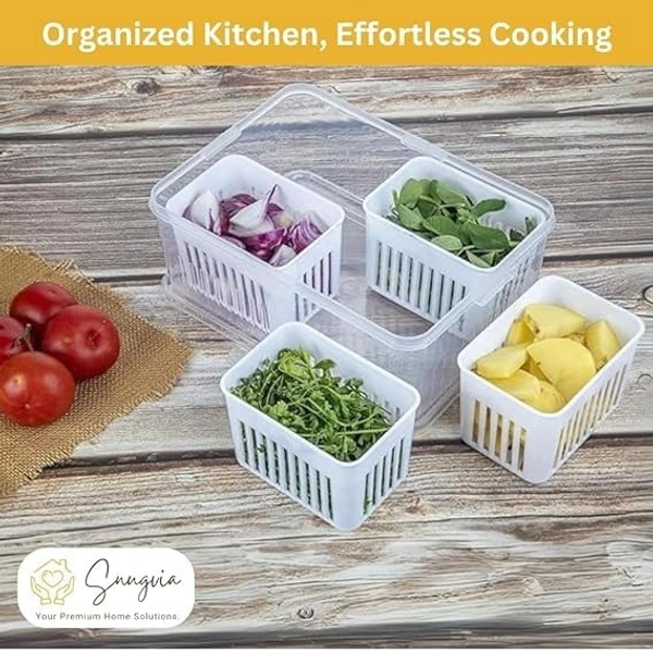 4-in-1 Fridge Storage Box with Airtight Lids, Divided Food Prep Containers for Veggies, Snacks, and Fruits – Durable, Transparent Organizer for Kitchen Storage with Draining System