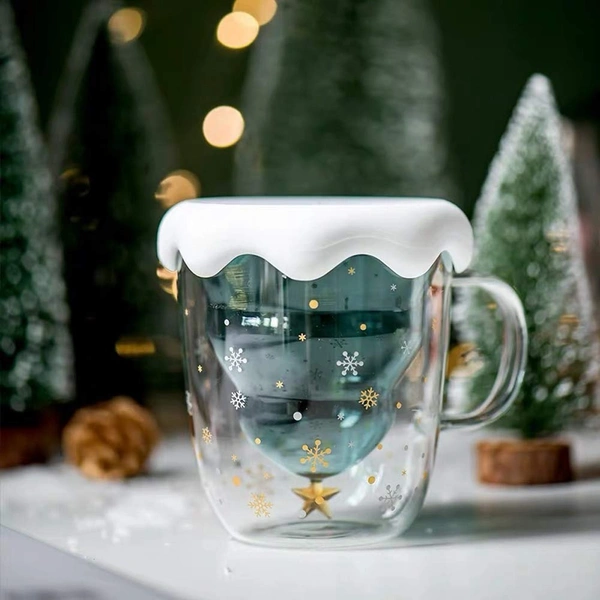 Fun Christmas Coffee Mugs Holiday Cups, 10oz Double Wall Glass Tableware with Lid and Handle, Tree Snowflake Glassware for Tea, Milk, Beverage, Juice, Water, 300ML (With Lid)