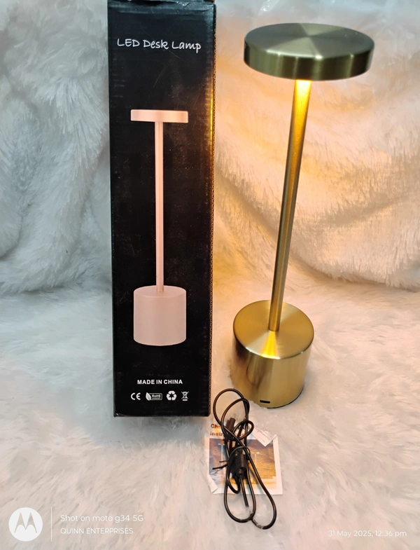 Modern Wireless LED Table Lamp Rechargeable Touch Control Lamp with Gold Metal Finish, Dimmable Warm Light for Home, Office, and Bedside